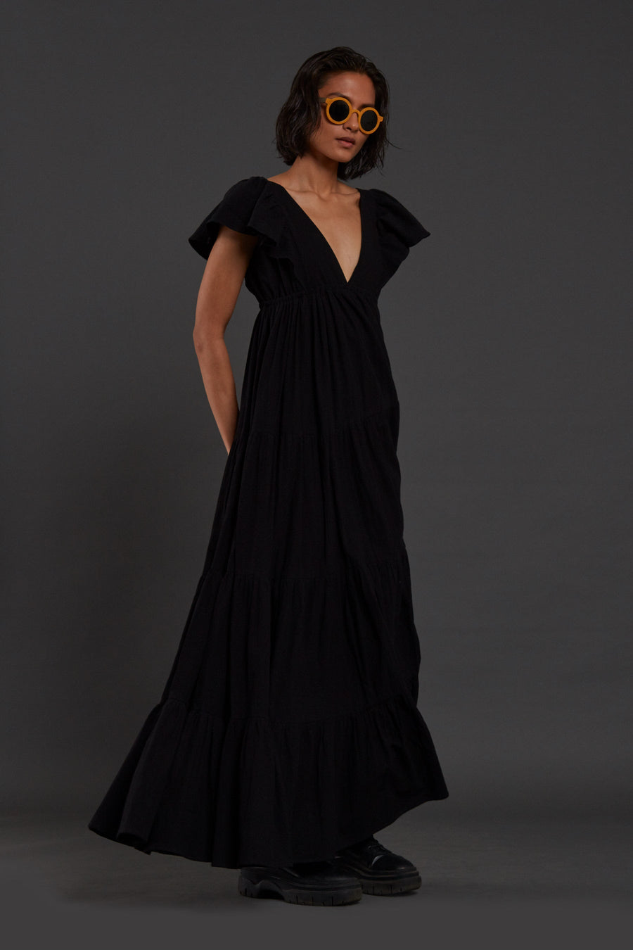 A Model Wearing Black Pure Cotton Black Tiered Gown, curated by Only Ethikal