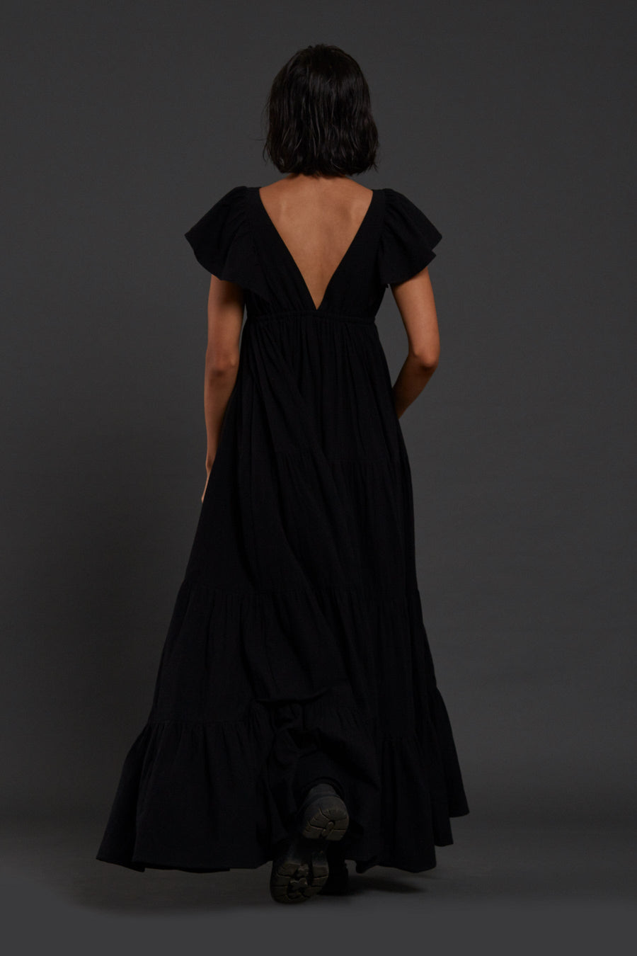 A Model Wearing Black Pure Cotton Black Tiered Gown, curated by Only Ethikal