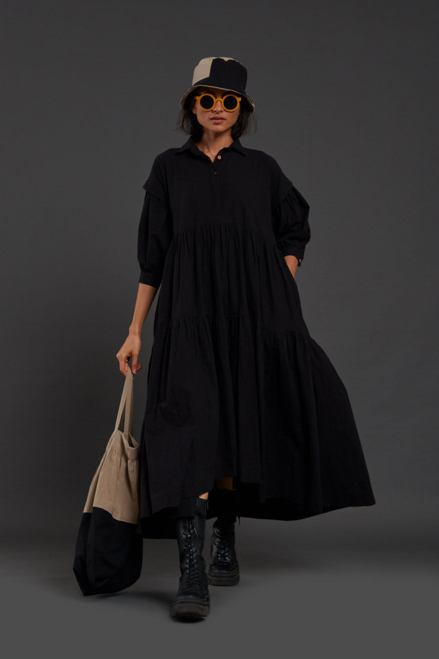 A Model Wearing Black Pure Cotton Black Tiered Shirt Dress, curated by Only Ethikal