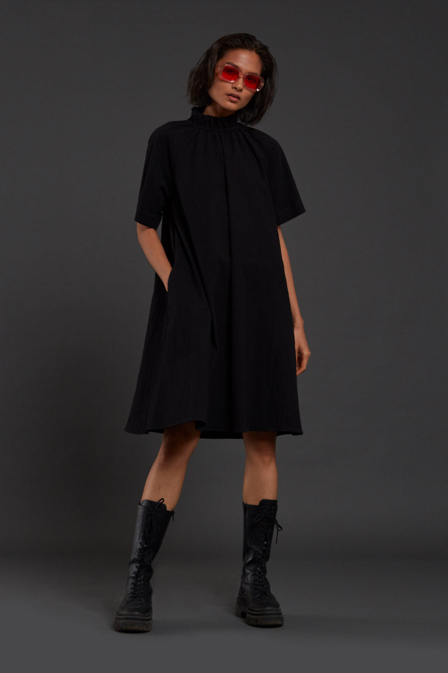A Model Wearing Black Pure Cotton Black Tora Dress, curated by Only Ethikal