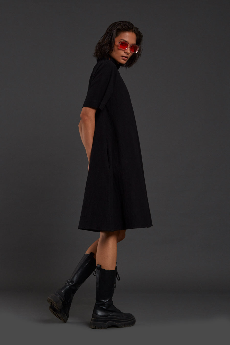 A Model Wearing Black Pure Cotton Black Tora Dress, curated by Only Ethikal