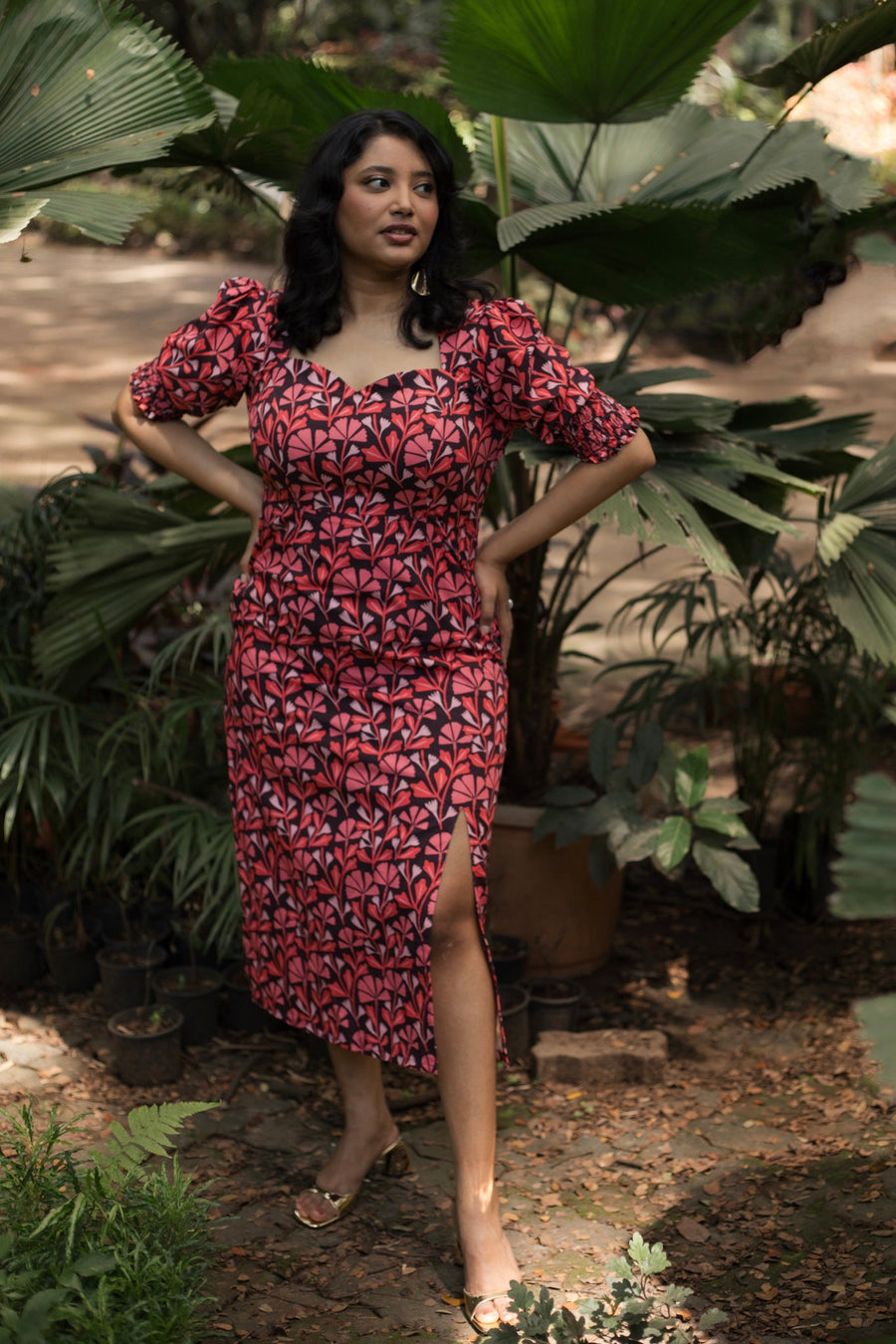 A Model Wearing Multicolor Pure Cotton Blossom Slit Dress, curated by Only Ethikal