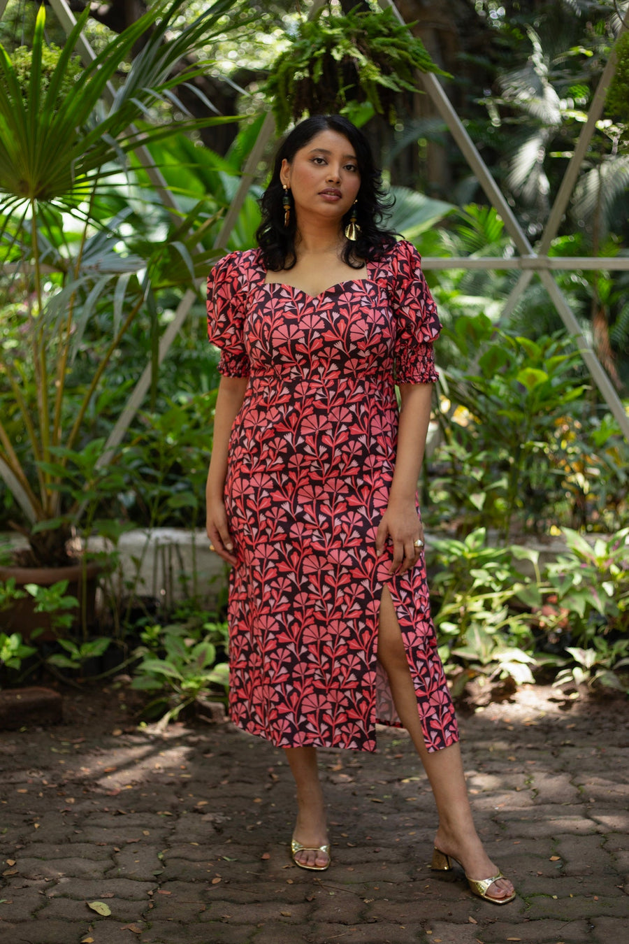 A Model Wearing Multicolor Pure Cotton Blossom Slit Dress, curated by Only Ethikal