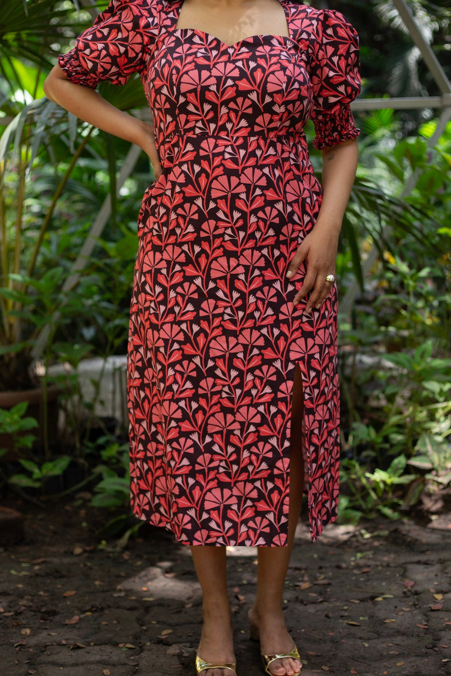 A Model Wearing Multicolor Pure Cotton Blossom Slit Dress, curated by Only Ethikal