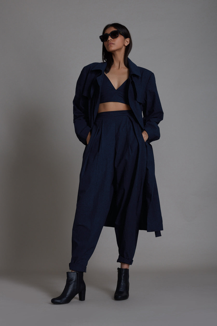 A Model Wearing Blue Pure Cotton Navy Blue Milestone Trench Jacket, curated by Only Ethikal