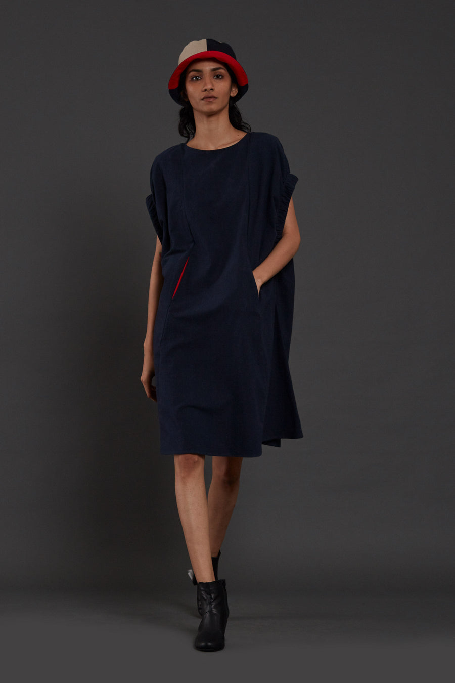 A Model Wearing Blue Pure Cotton Navy Blue Pocket Dress, curated by Only Ethikal