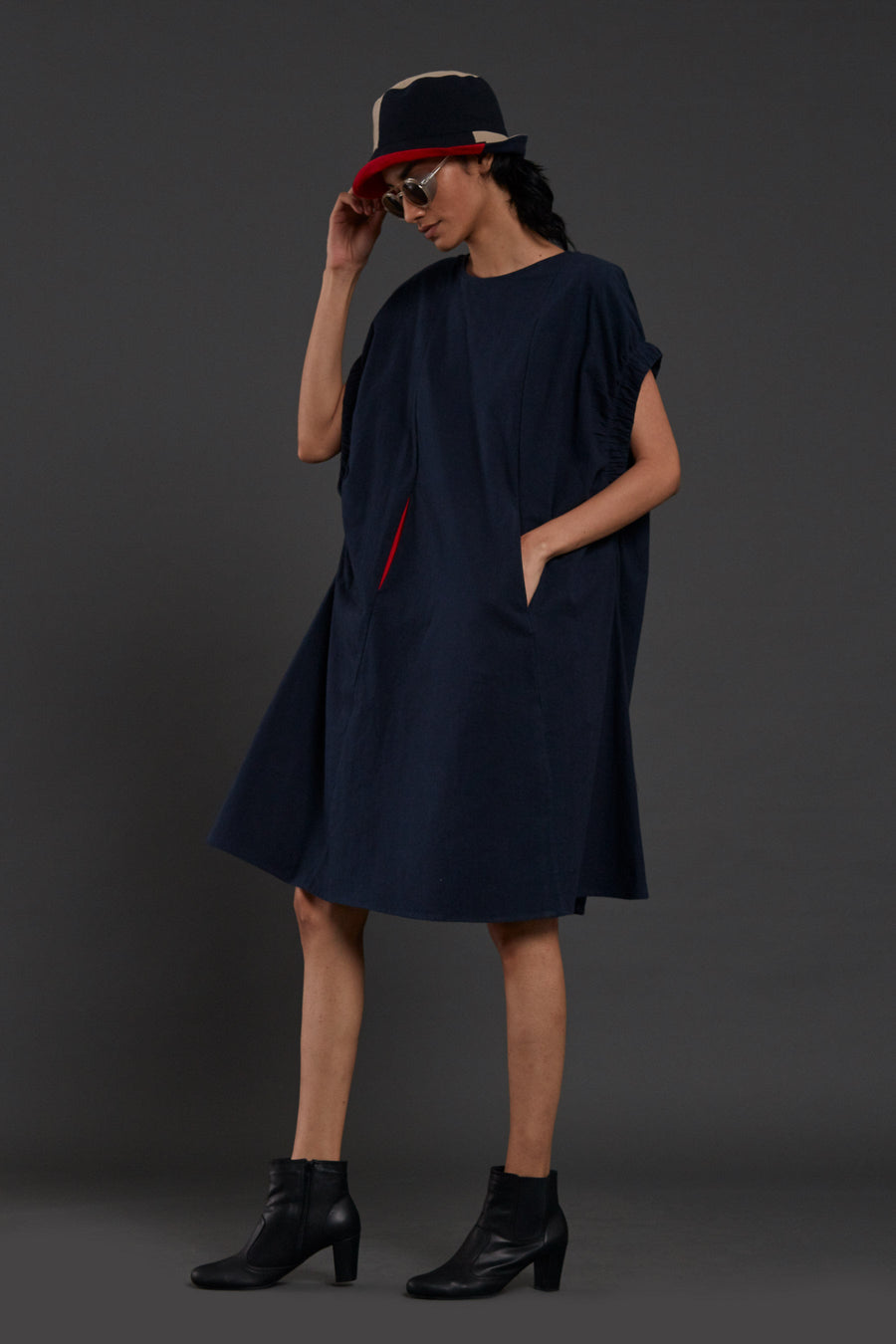 A Model Wearing Blue Pure Cotton Navy Blue Pocket Dress, curated by Only Ethikal