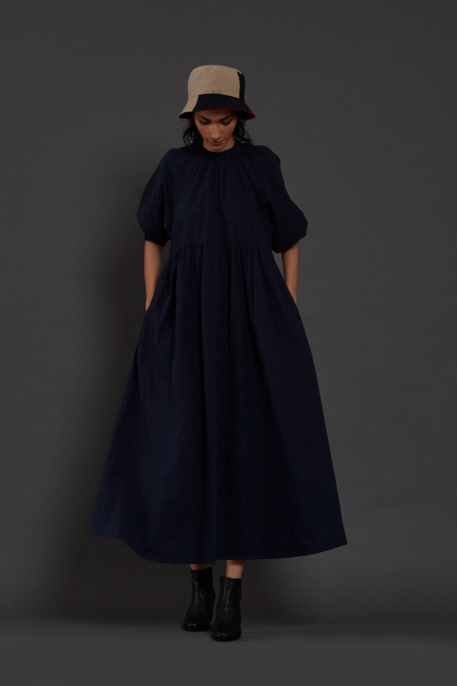 A Model Wearing Blue Pure Cotton Navy Blue Raglan Dress, curated by Only Ethikal