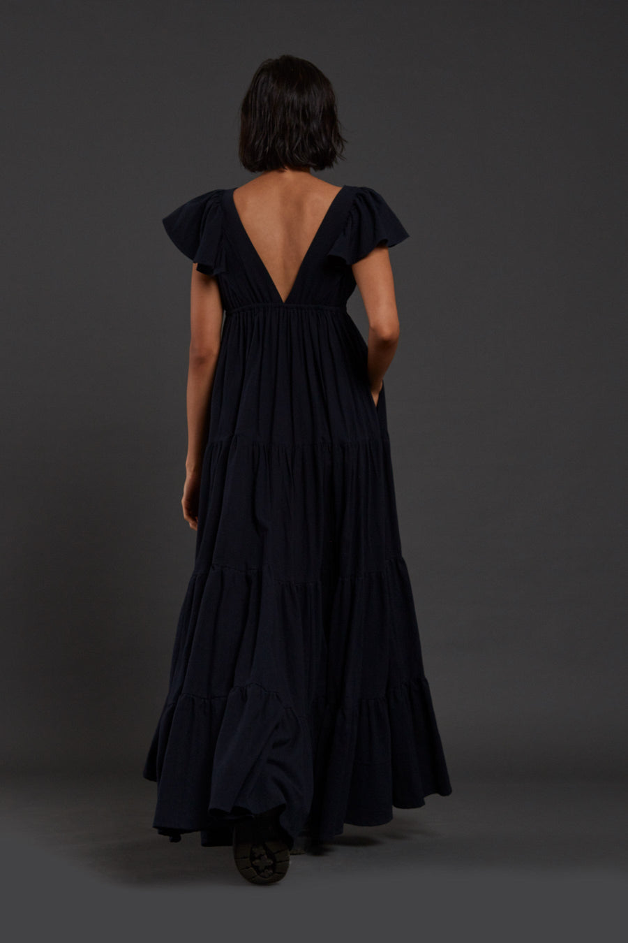 A Model Wearing Black Pure Cotton Navy Blue Tiered Gown, curated by Only Ethikal