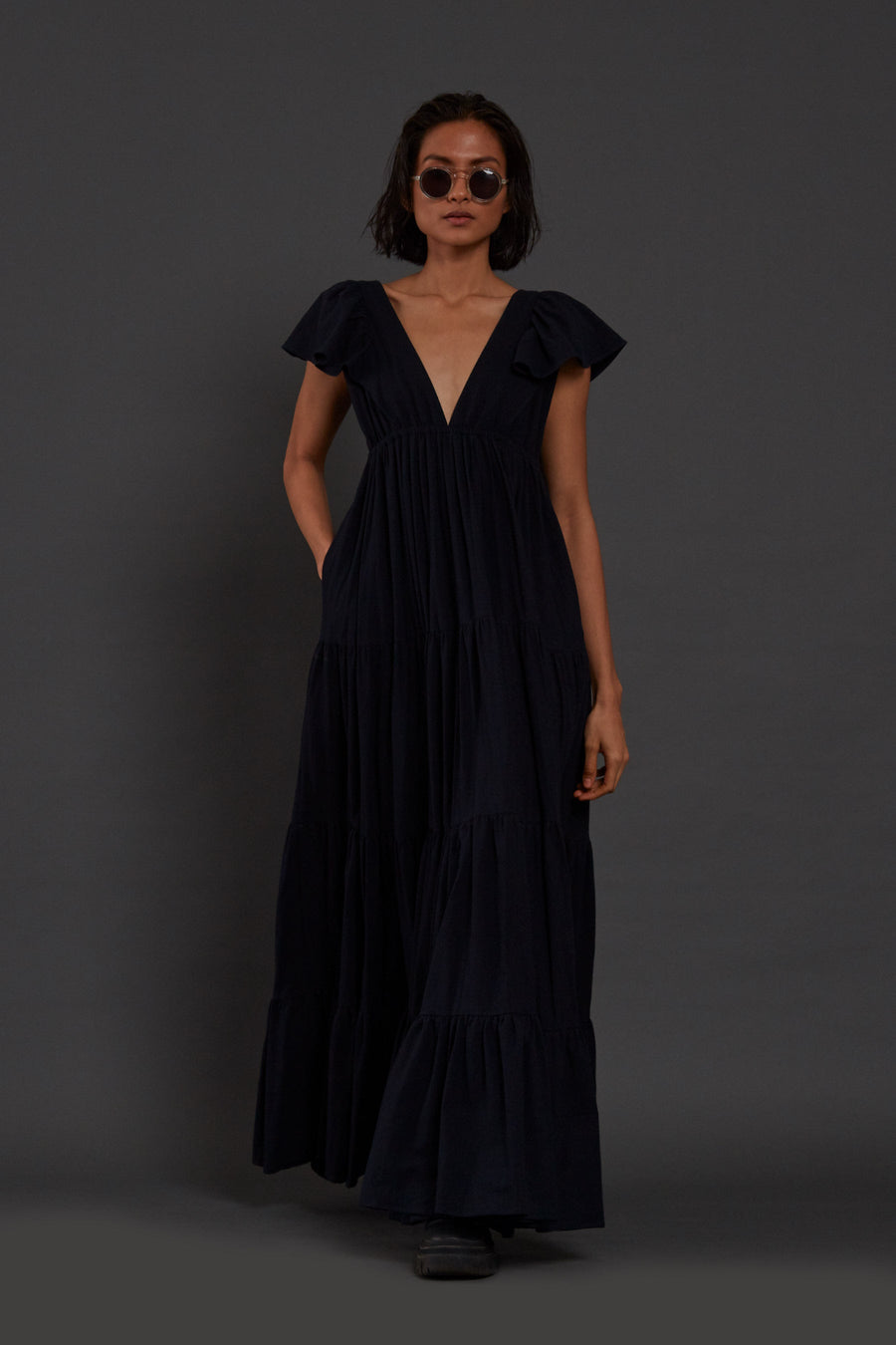 A Model Wearing Black Pure Cotton Navy Blue Tiered Gown, curated by Only Ethikal
