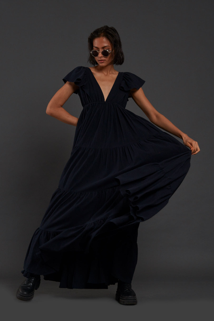 A Model Wearing Black Pure Cotton Navy Blue Tiered Gown, curated by Only Ethikal