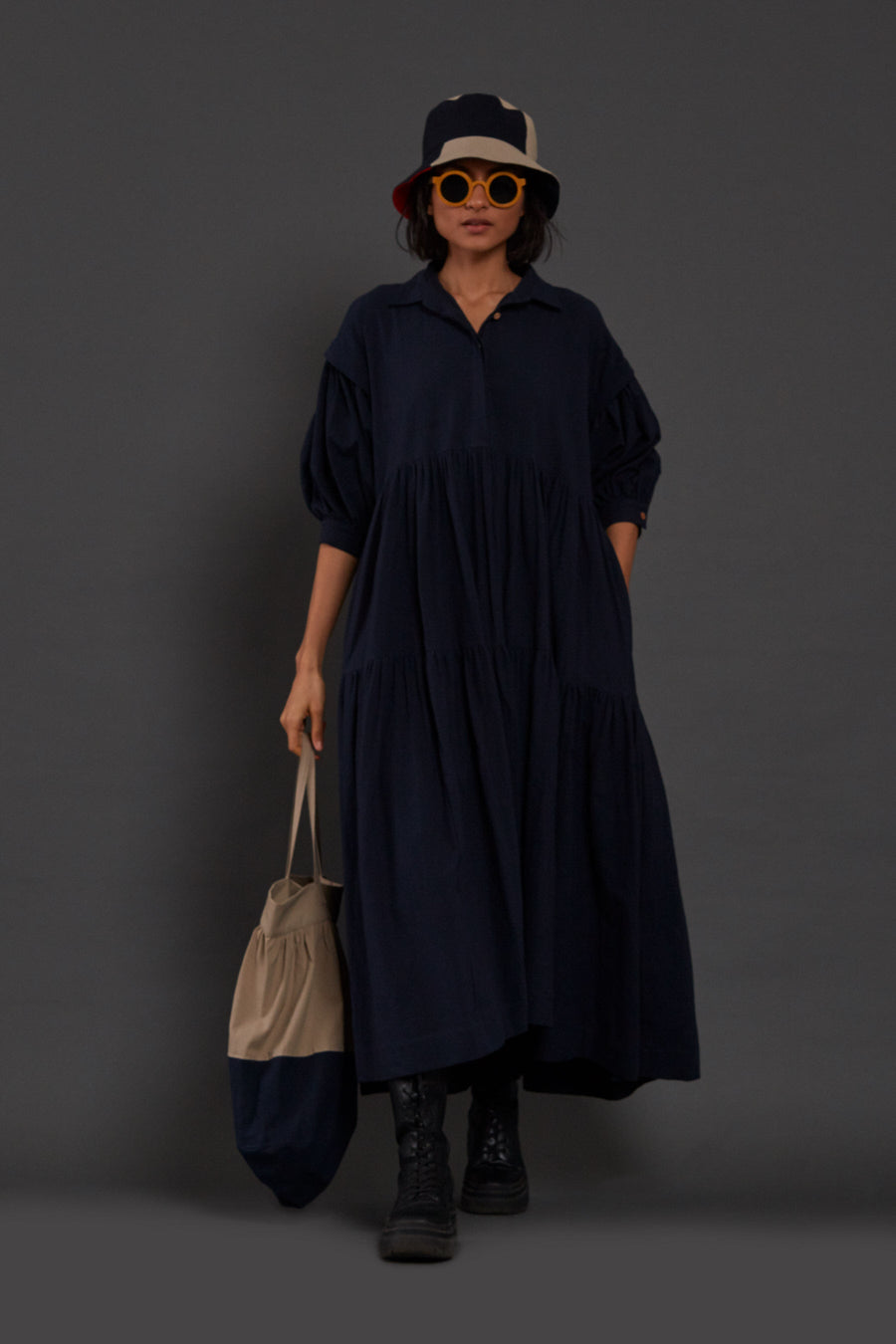 A Model Wearing Blue Pure Cotton Navy Blue Tiered Shirt Dress, curated by Only Ethikal