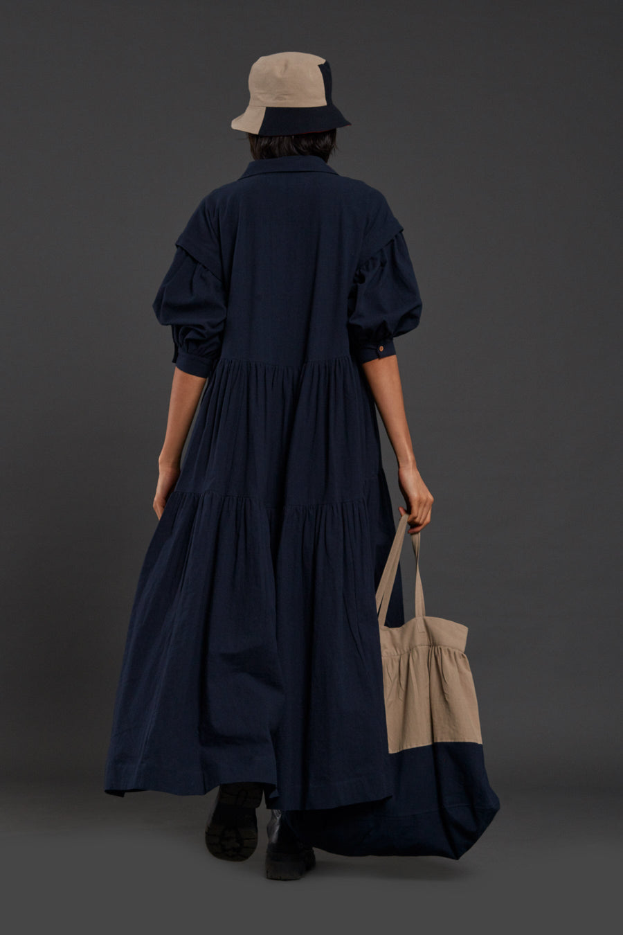 A Model Wearing Blue Pure Cotton Navy Blue Tiered Shirt Dress, curated by Only Ethikal