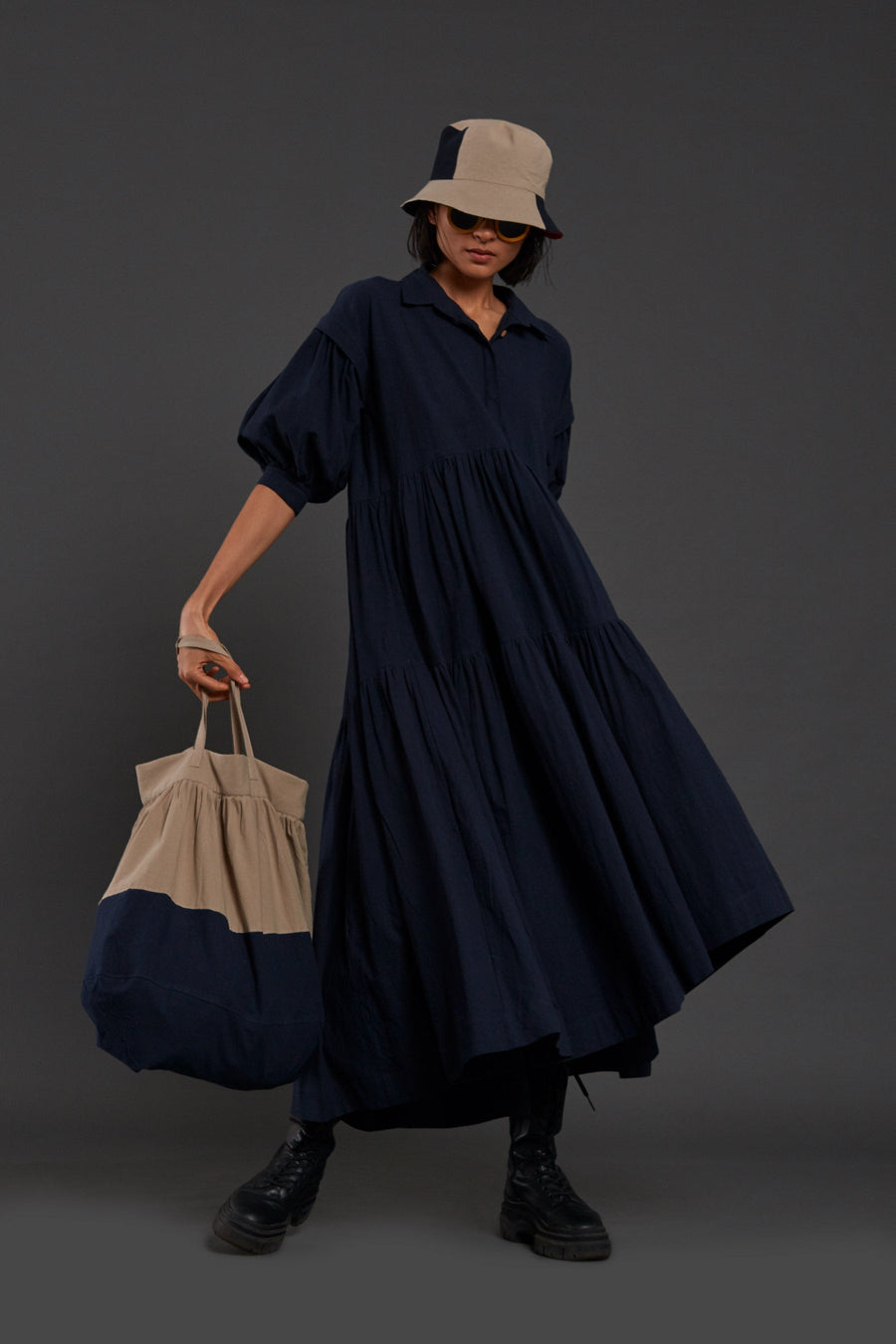 A Model Wearing Blue Pure Cotton Navy Blue Tiered Shirt Dress, curated by Only Ethikal