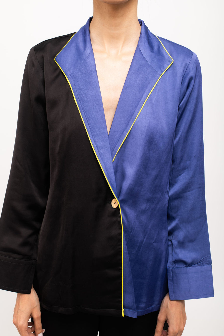 A Model Wearing Multicolor Bemberg Black-Blue Blazer Set, curated by Only Ethikal