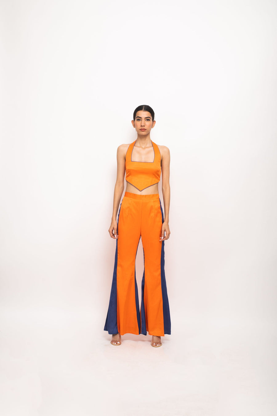 A Model Wearing Orange Bemberg Orange-Blue Halter Neck Set, curated by Only Ethikal