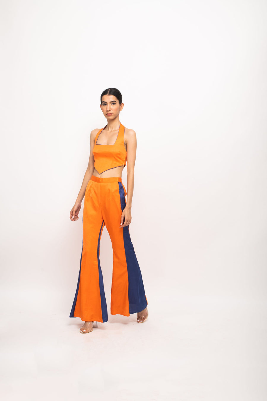 A Model Wearing Orange Bemberg Orange-Blue Halter Neck Set, curated by Only Ethikal