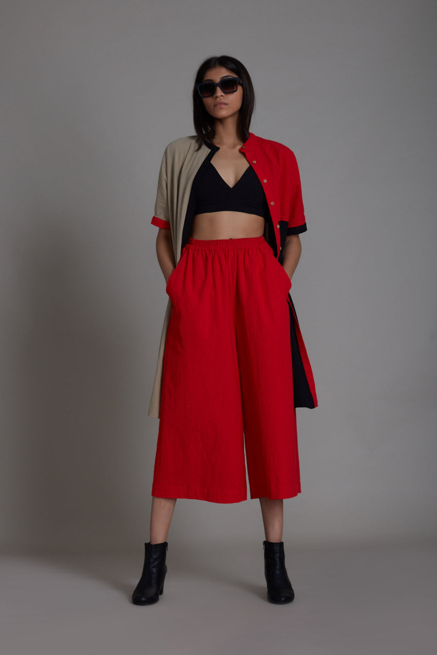 A Model Wearing Red Pure Cotton Colour Block 3 Pc Set, curated by Only Ethikal