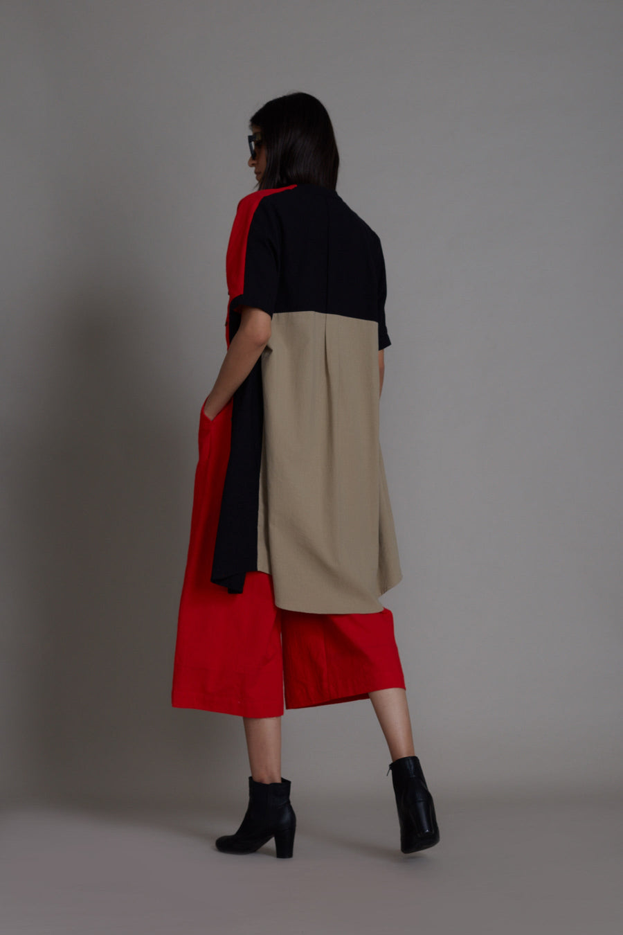 A Model Wearing Red Pure Cotton Colour Block 3 Pc Set, curated by Only Ethikal