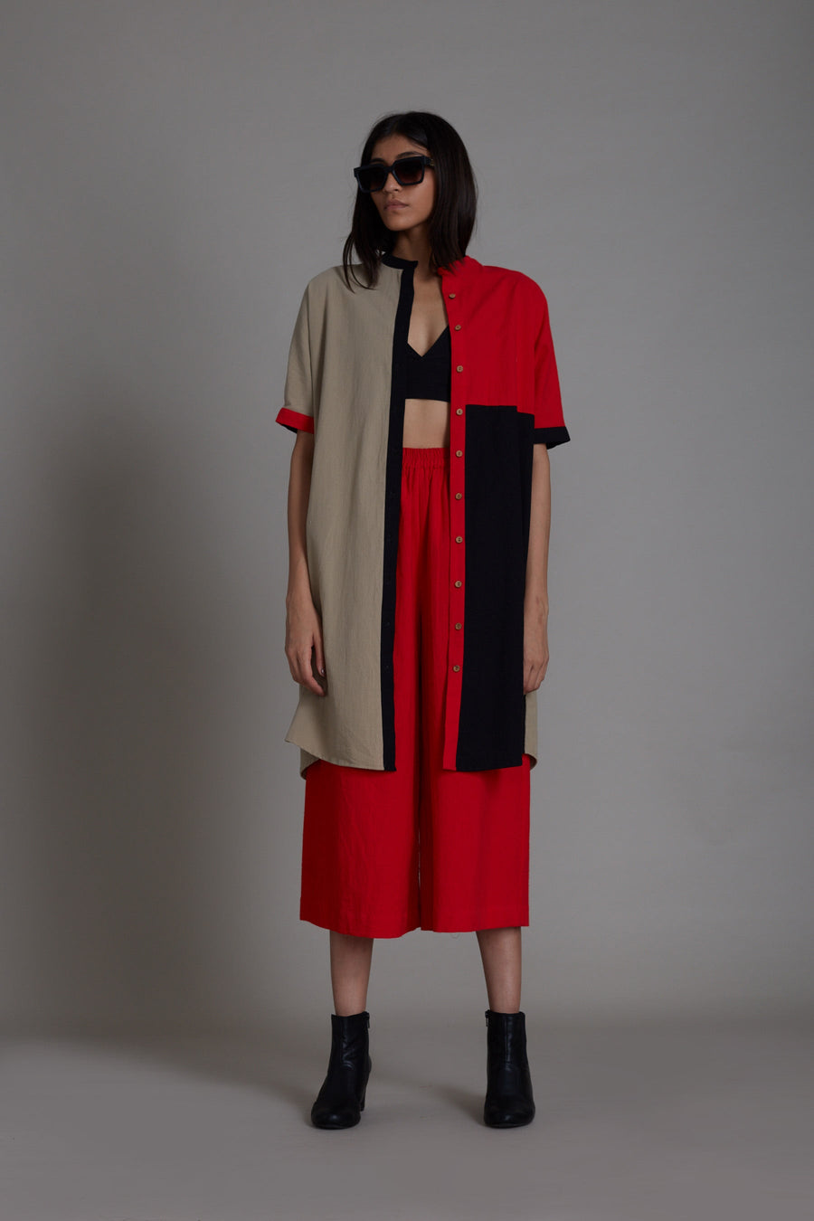 A Model Wearing Red Pure Cotton Colour Block 3 Pc Set, curated by Only Ethikal