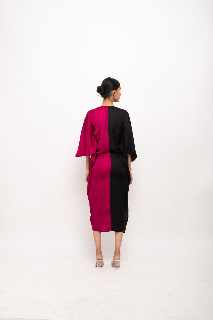 A Model Wearing Multicolor Bemberg Black-Wine Kaftan Bodycon Dress, curated by Only Ethikal