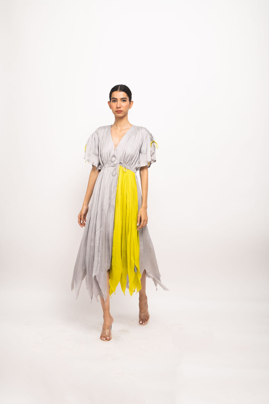 A Model Wearing Multicolor Bemberg Grey-Neon Angrakha Dress, curated by Only Ethikal