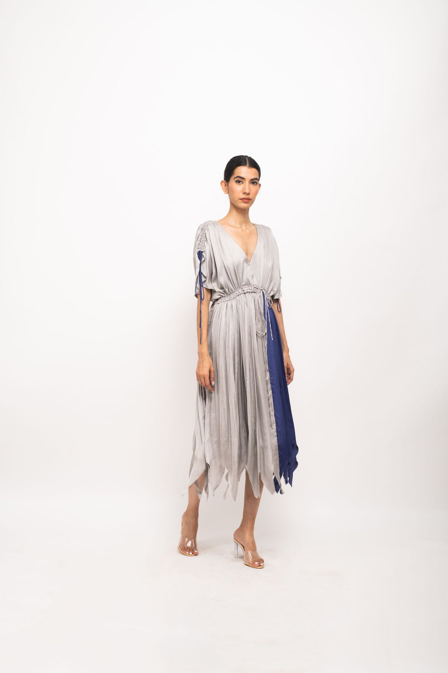 A Model Wearing Multicolor Bemberg Grey-Blue Angrakha Dress, curated by Only Ethikal
