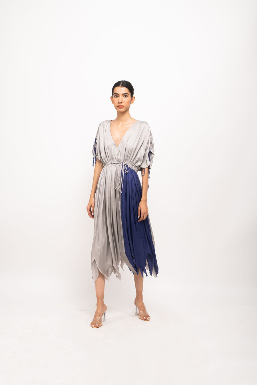 A Model Wearing Multicolor Bemberg Grey-Blue Angrakha Dress, curated by Only Ethikal