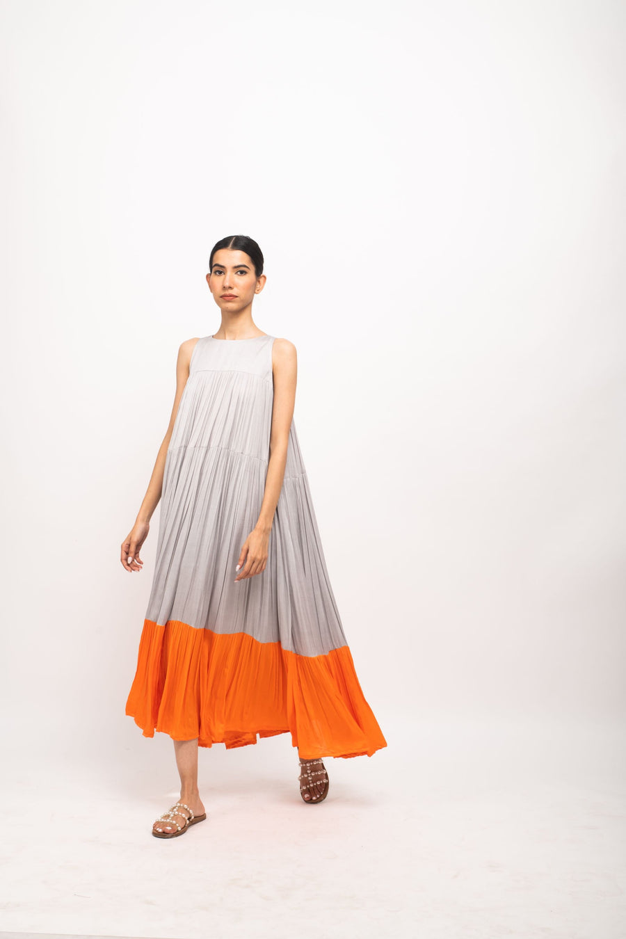 A Model Wearing Multicolor Bemberg Grey-Orange Halter Neck Dress, curated by Only Ethikal