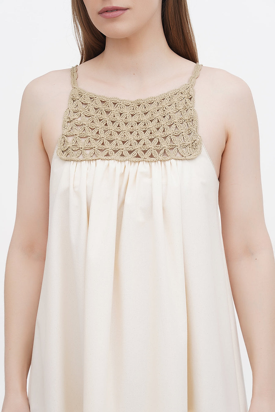 A Model Wearing Beige Organic Cotton Organic dress with hand knitted bodice, curated by Only Ethikal