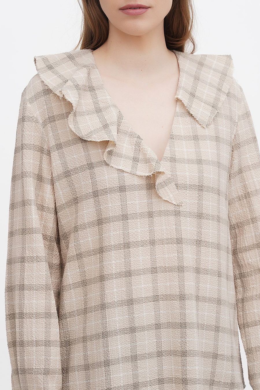 A Model Wearing Beige Organic Cotton Organic check wrinkled blouse, curated by Only Ethikal