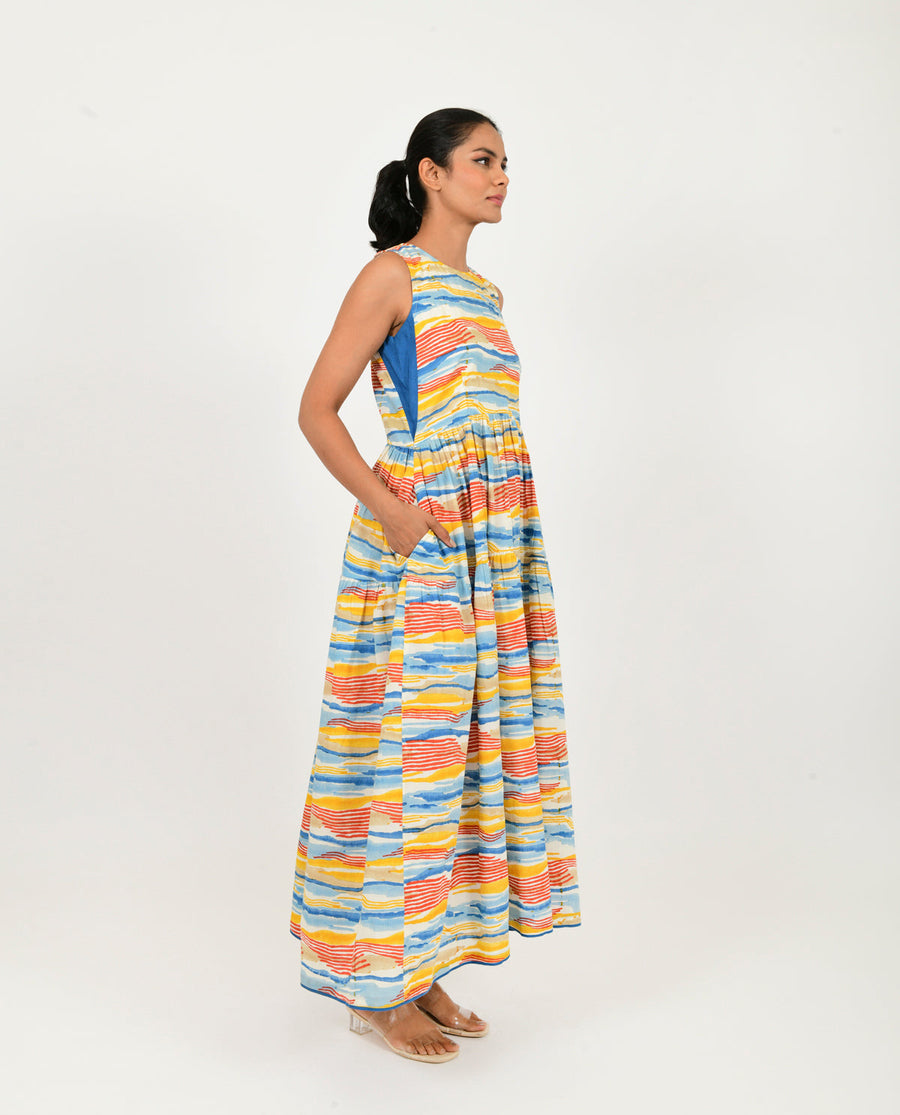 A Model Wearing Multicolor Organic Cotton Multi Wave Gather Dress , curated by Only Ethikal