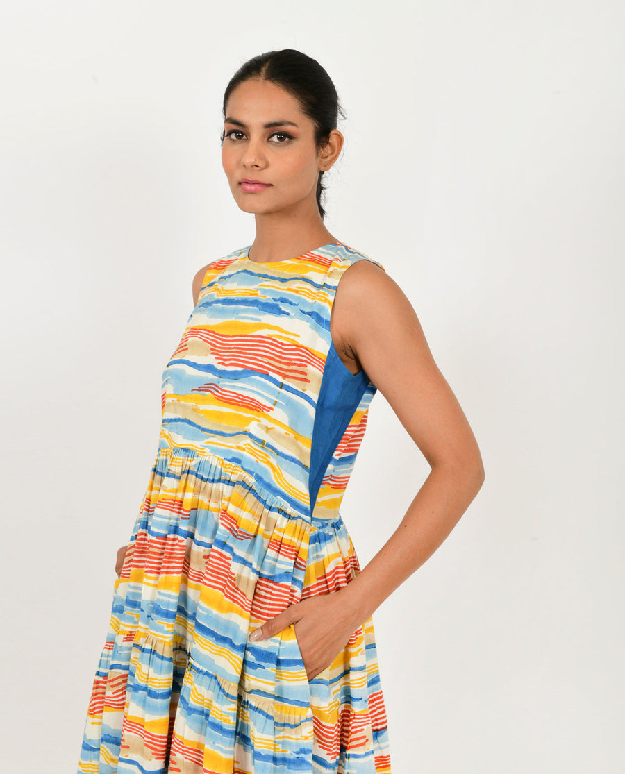 A Model Wearing Multicolor Organic Cotton Multi Wave Gather Dress , curated by Only Ethikal
