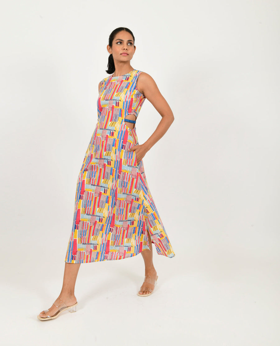 A Model Wearing Multicolor Organic Cotton Scribble Side Cut Dress , curated by Only Ethikal