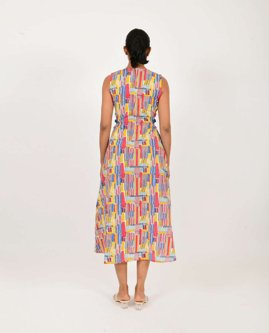 A Model Wearing Multicolor Organic Cotton Scribble Side Cut Dress , curated by Only Ethikal