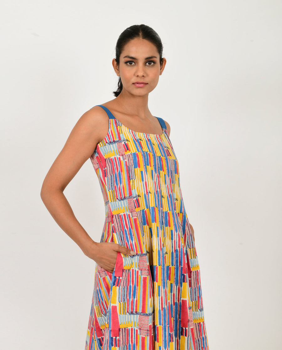 A Model Wearing Multicolor Organic Cotton Scribble Multi Doll Linen Dress , curated by Only Ethikal