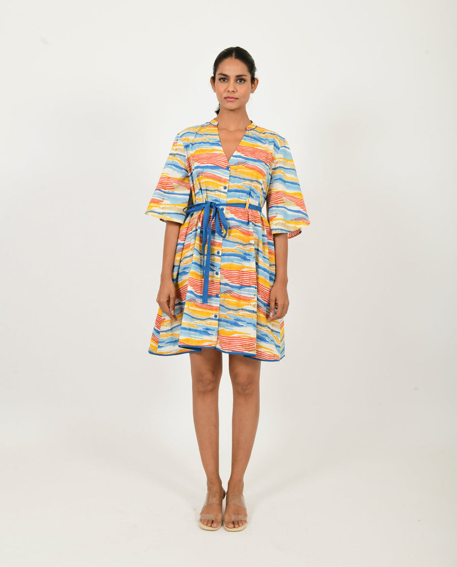 A Model Wearing Multicolor Organic Cotton Wave Tie Up Dress Organic Cotton, curated by Only Ethikal