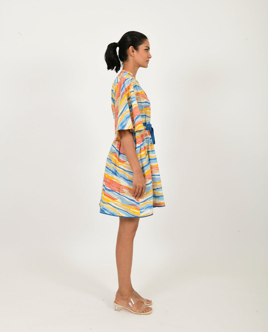 A Model Wearing Multicolor Organic Cotton Wave Tie Up Dress Organic Cotton, curated by Only Ethikal