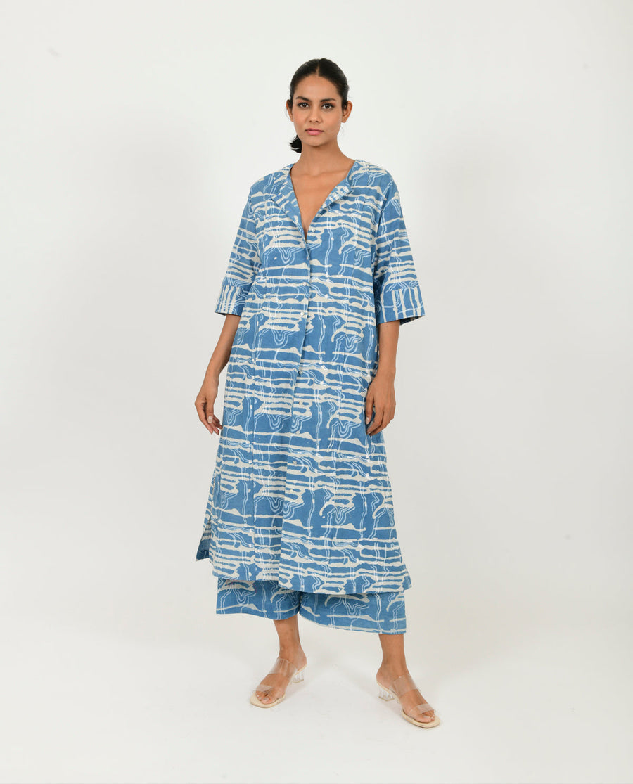 A Model Wearing Blue Organic Cotton Indigo Splash Buttoned Dress, curated by Only Ethikal