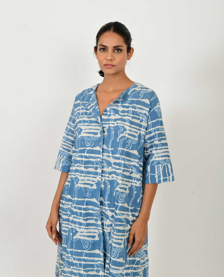 A Model Wearing Blue Organic Cotton Indigo Splash Buttoned  Dress, curated by Only Ethikal