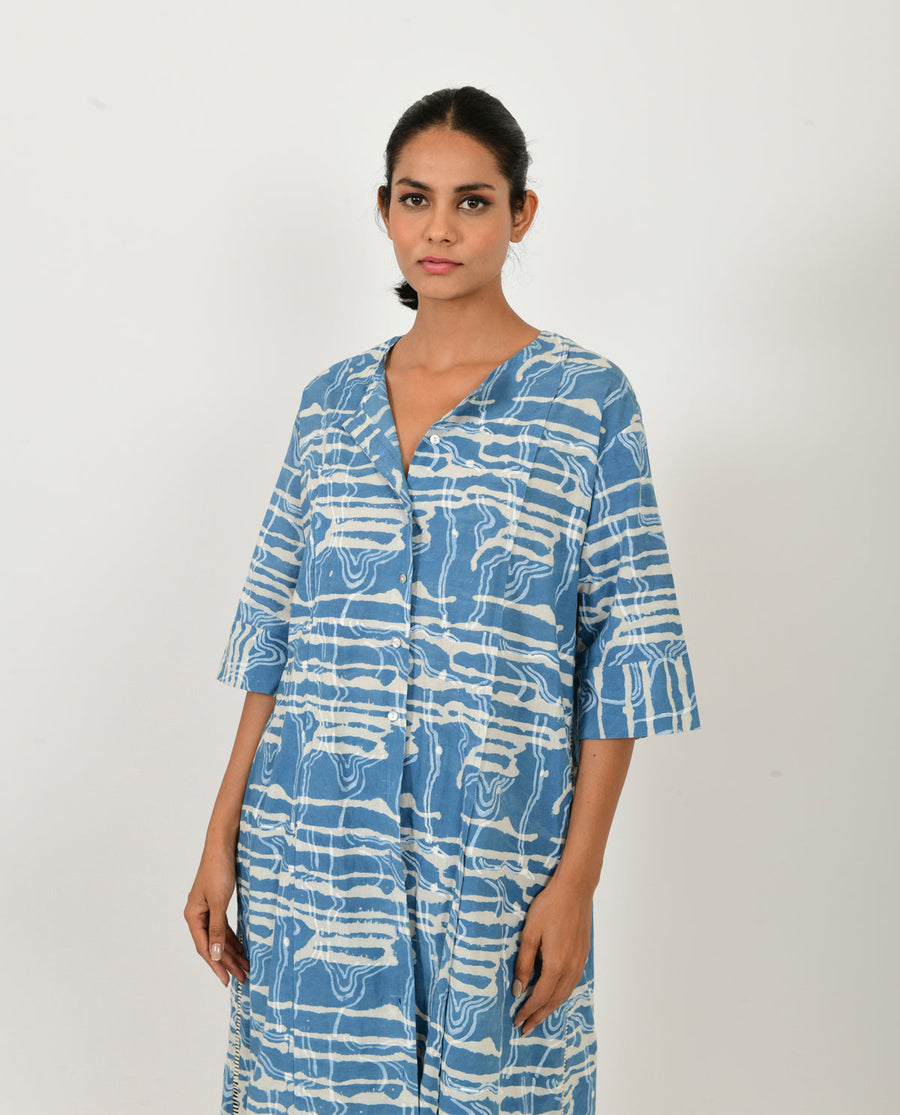 A Model Wearing Blue Organic Cotton Indigo Splash Buttoned Dress, curated by Only Ethikal