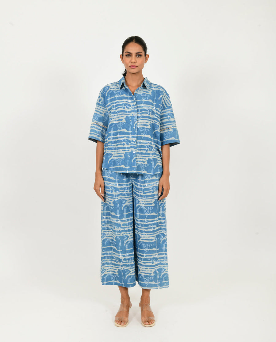 A Model Wearing Blue Linen Indigo Splash Shirt Linen Co-Ord Set , curated by Only Ethikal