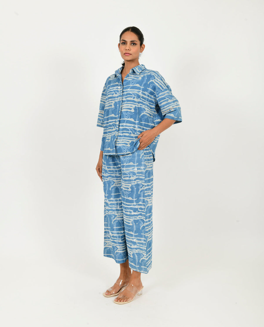 A Model Wearing Blue Linen Indigo Splash Shirt Linen Co-Ord Set , curated by Only Ethikal