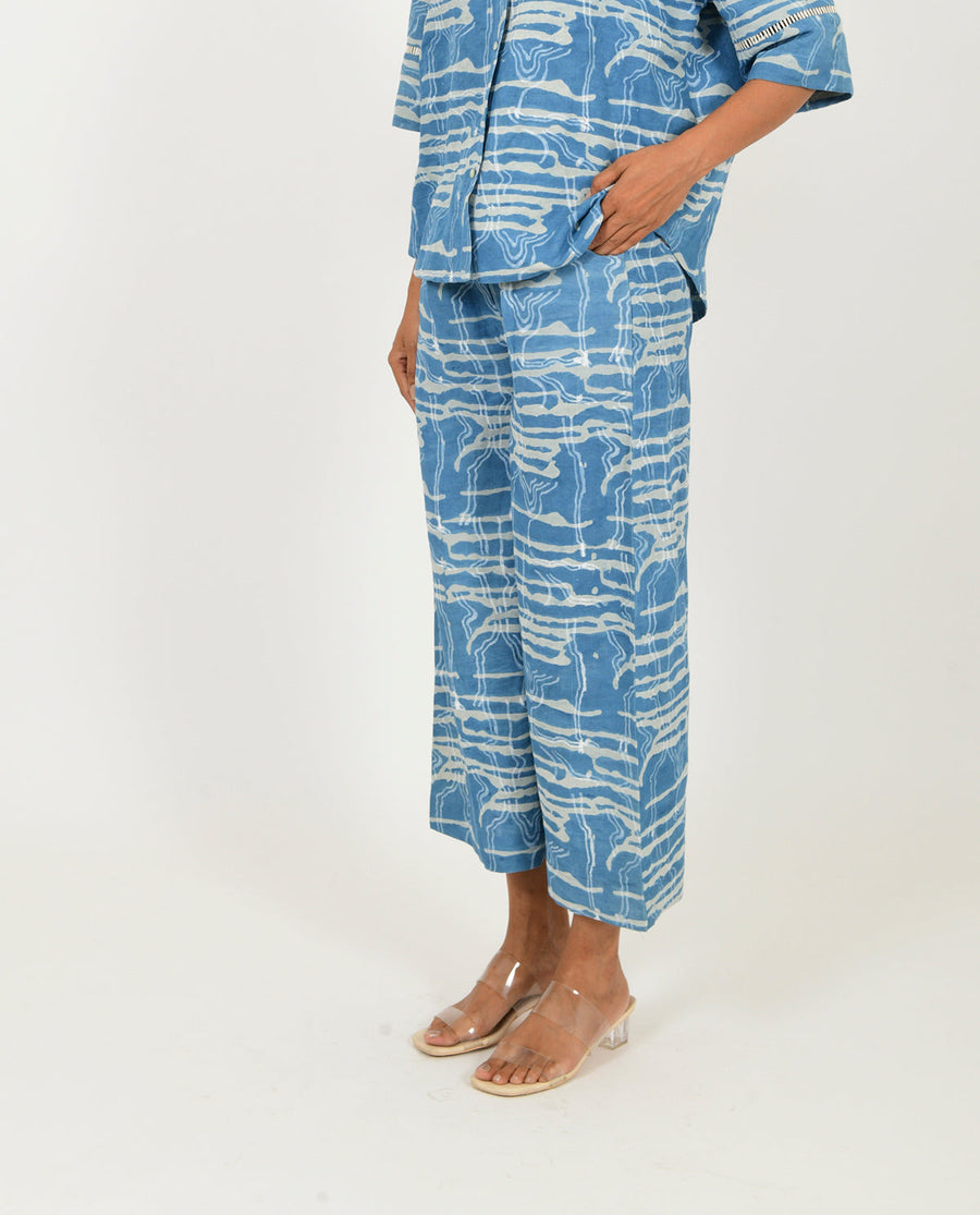 A Model Wearing Blue Linen Indigo Splash Linen Pants, curated by Only Ethikal
