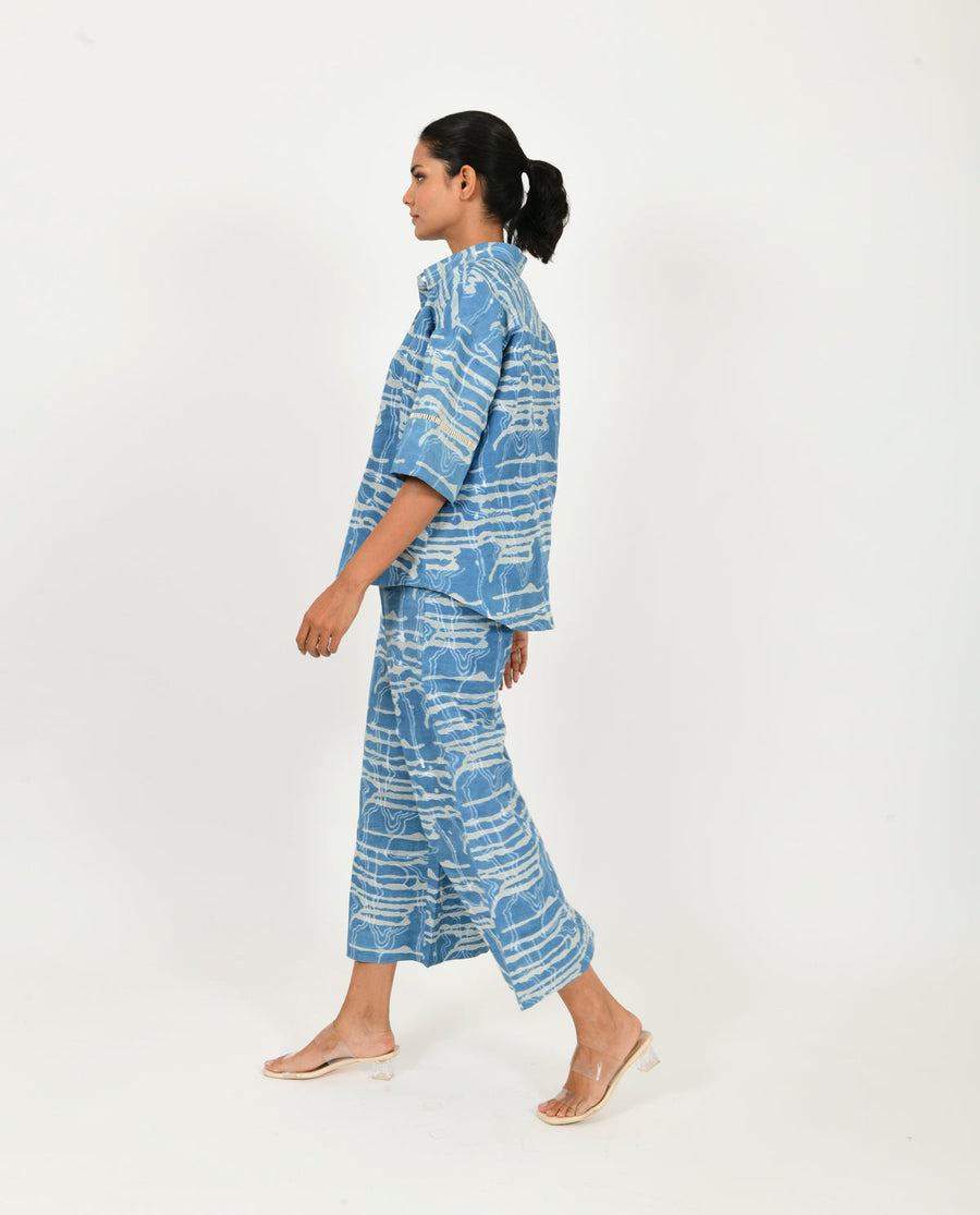 A Model Wearing Blue Linen Indigo Splash Shirt Linen Co-Ord Set , curated by Only Ethikal