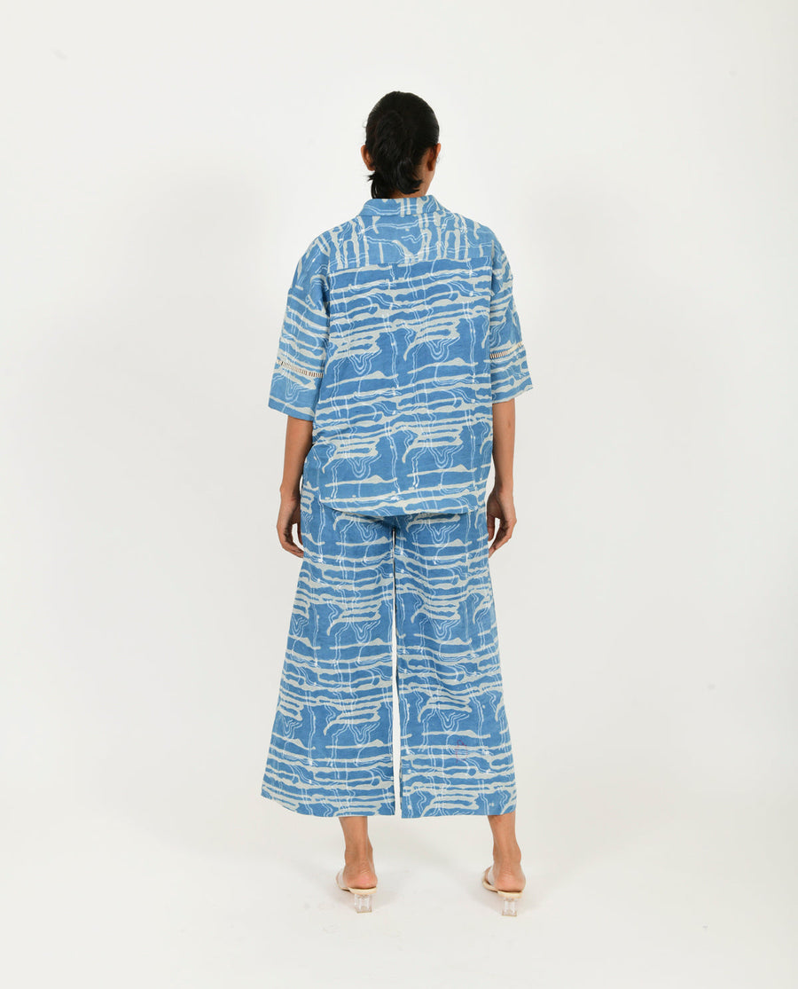 A Model Wearing Blue Linen Indigo Splash Shirt Linen Co-Ord Set , curated by Only Ethikal