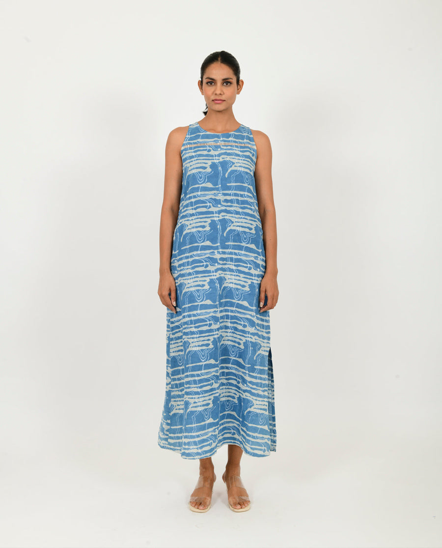 A Model Wearing Blue Linen Indigo Splash Linen  Maxi, curated by Only Ethikal