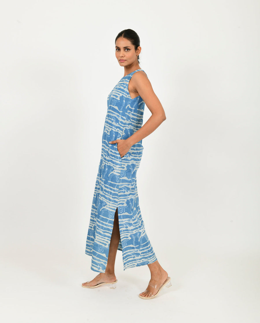 A Model Wearing Blue Linen Indigo Splash Linen Maxi, curated by Only Ethikal