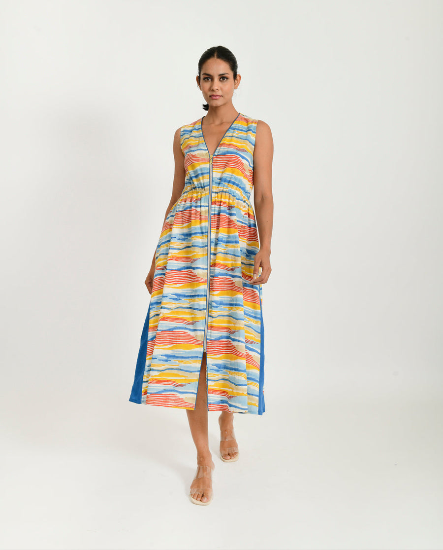 A Model Wearing Multicolor Organic Cotton Wave Zipped Dress , curated by Only Ethikal