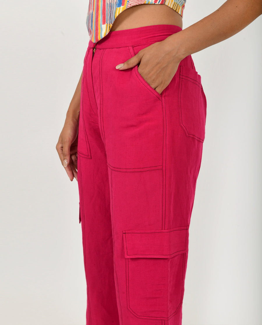 A Model Wearing Pink Organic Cotton Viva Magenta Linen Cargo Pants , curated by Only Ethikal